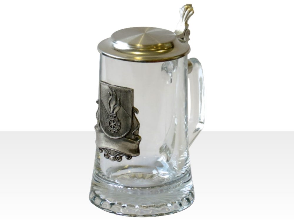 Glaskrug mit Zinndeckel Feuerwehr